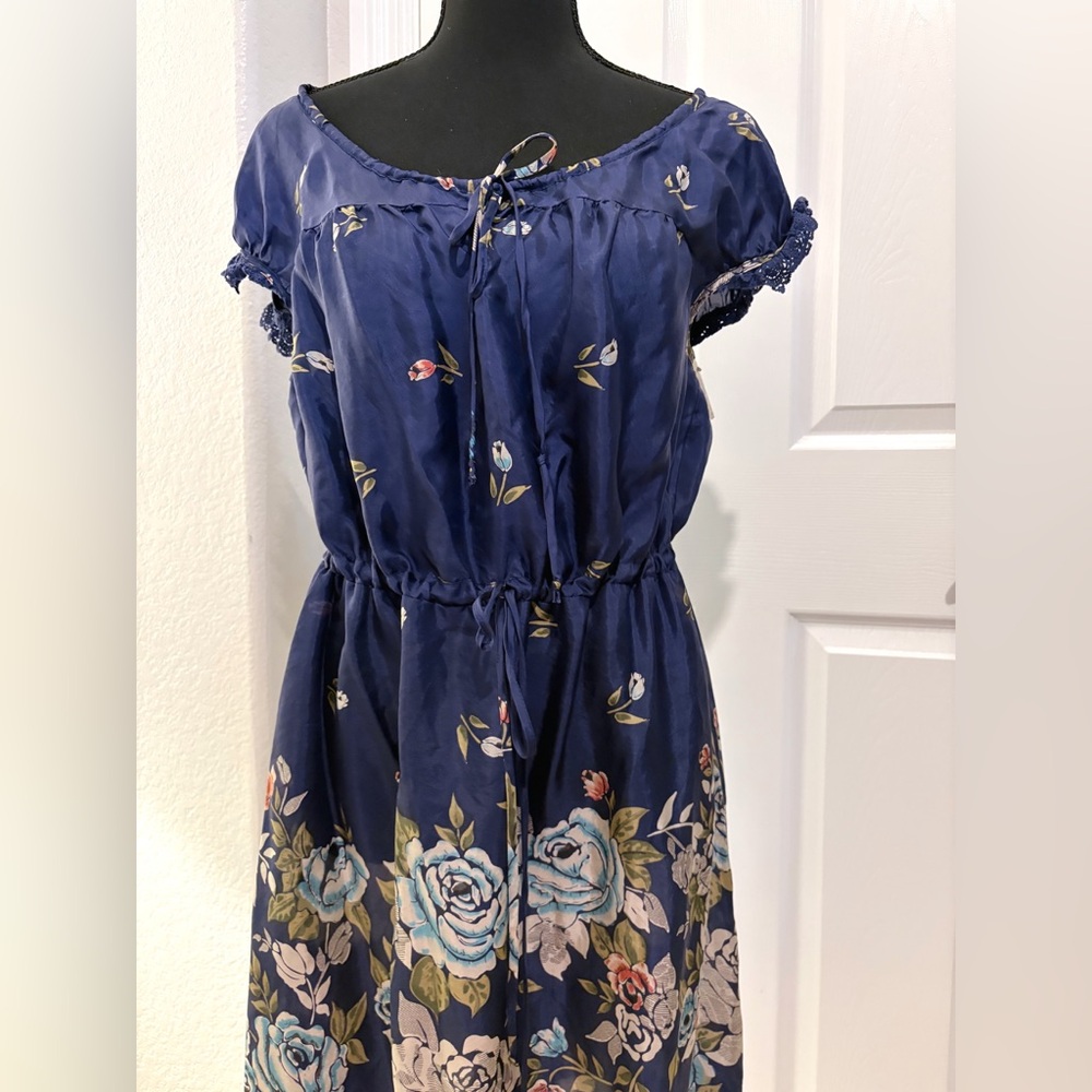 Johnny Was Floral Navy Blue Silk Dress Small - Picture 3 of 7